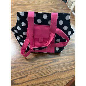 Blue white polka dotted bag with pink handles